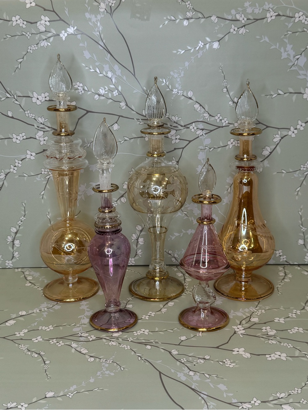 Vintage Hand-Blown Glass Perfume Bottles - Pink & Amber.